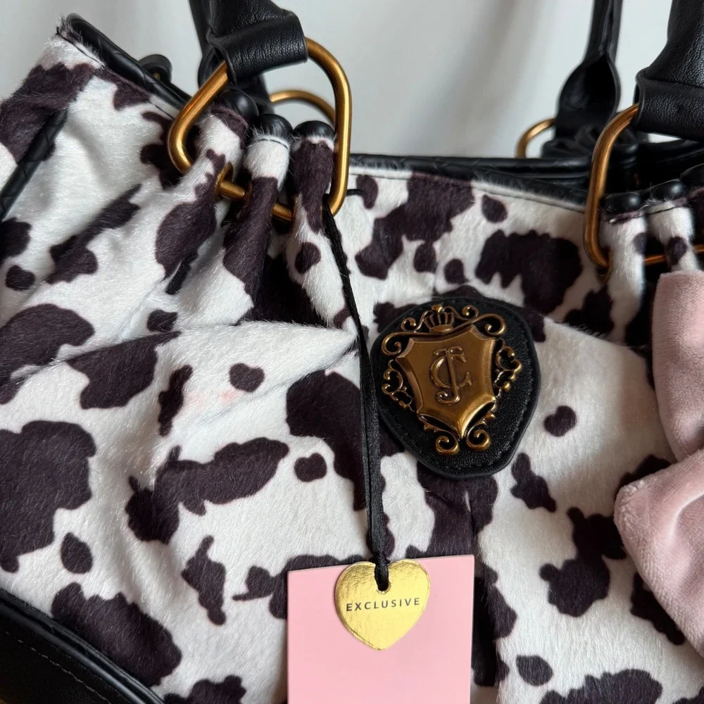 New Juicy Couture Romance Cow Satchel Shoulder Handbag Black Pink Bow Y2K Cute